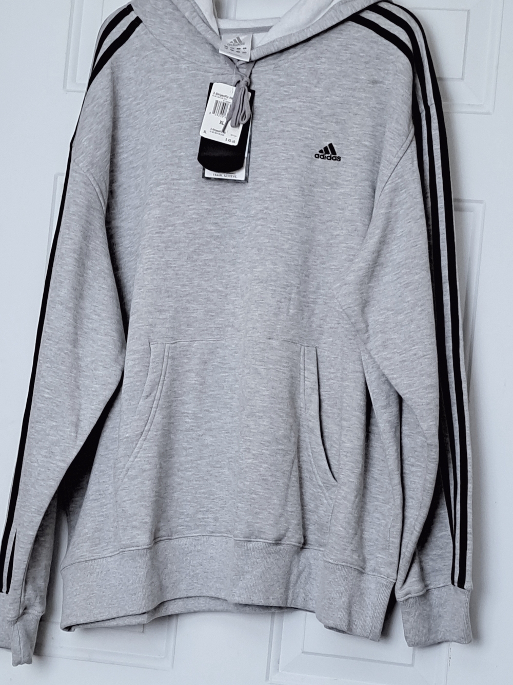 Adidas Men’s Long Sleeve Light Gray Hoodie with Black Stripes - Picture 3 of 11